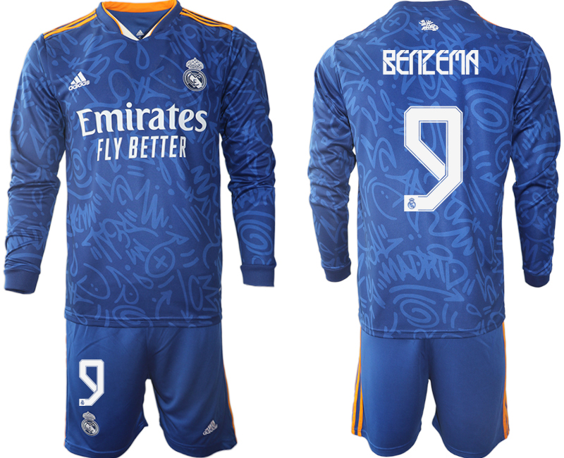 Men 2021-2022 Club Real Madrid away blue Long Sleeve #9 Soccer Jersey